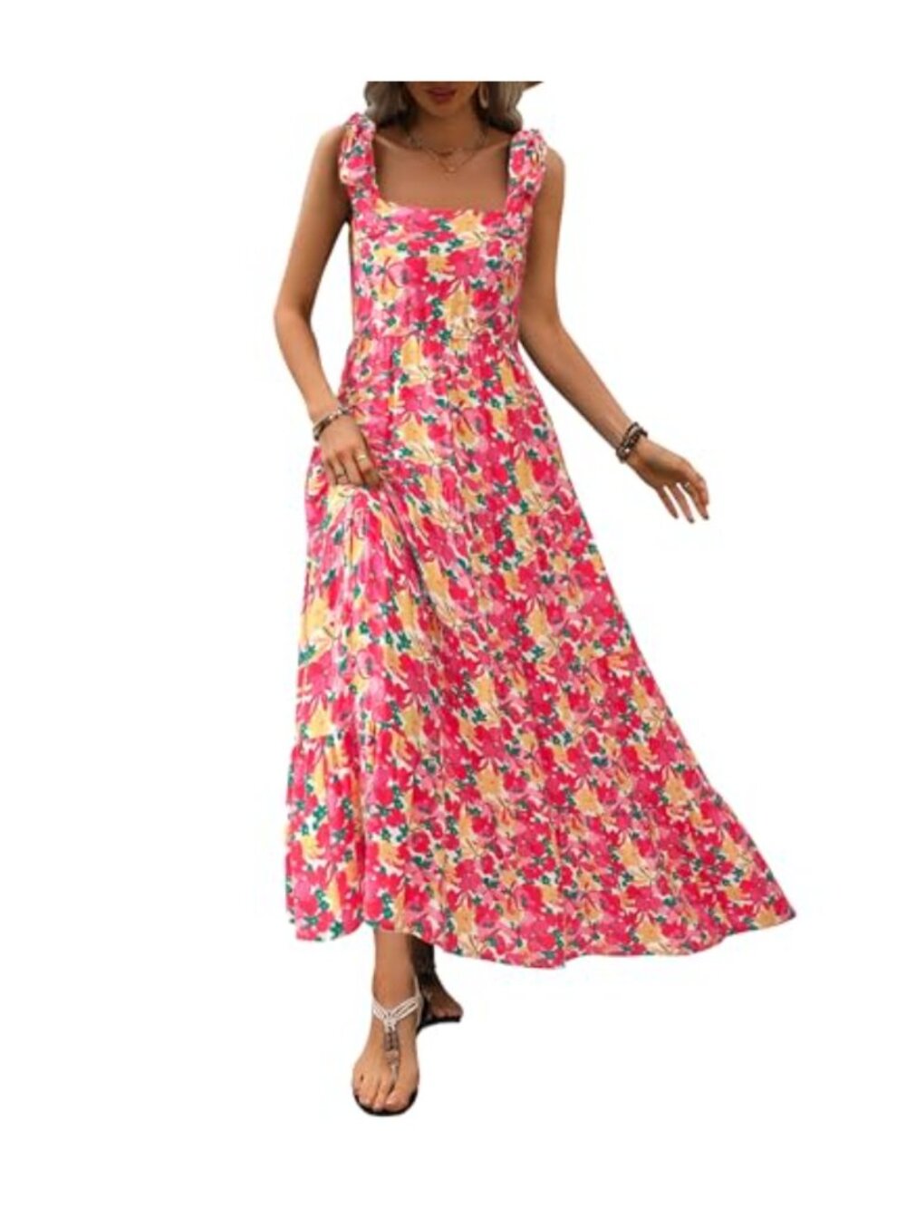 Sleeveless Floral Maxi Dress Square Neck Spaghetti Strap Tiered Flowy Beach